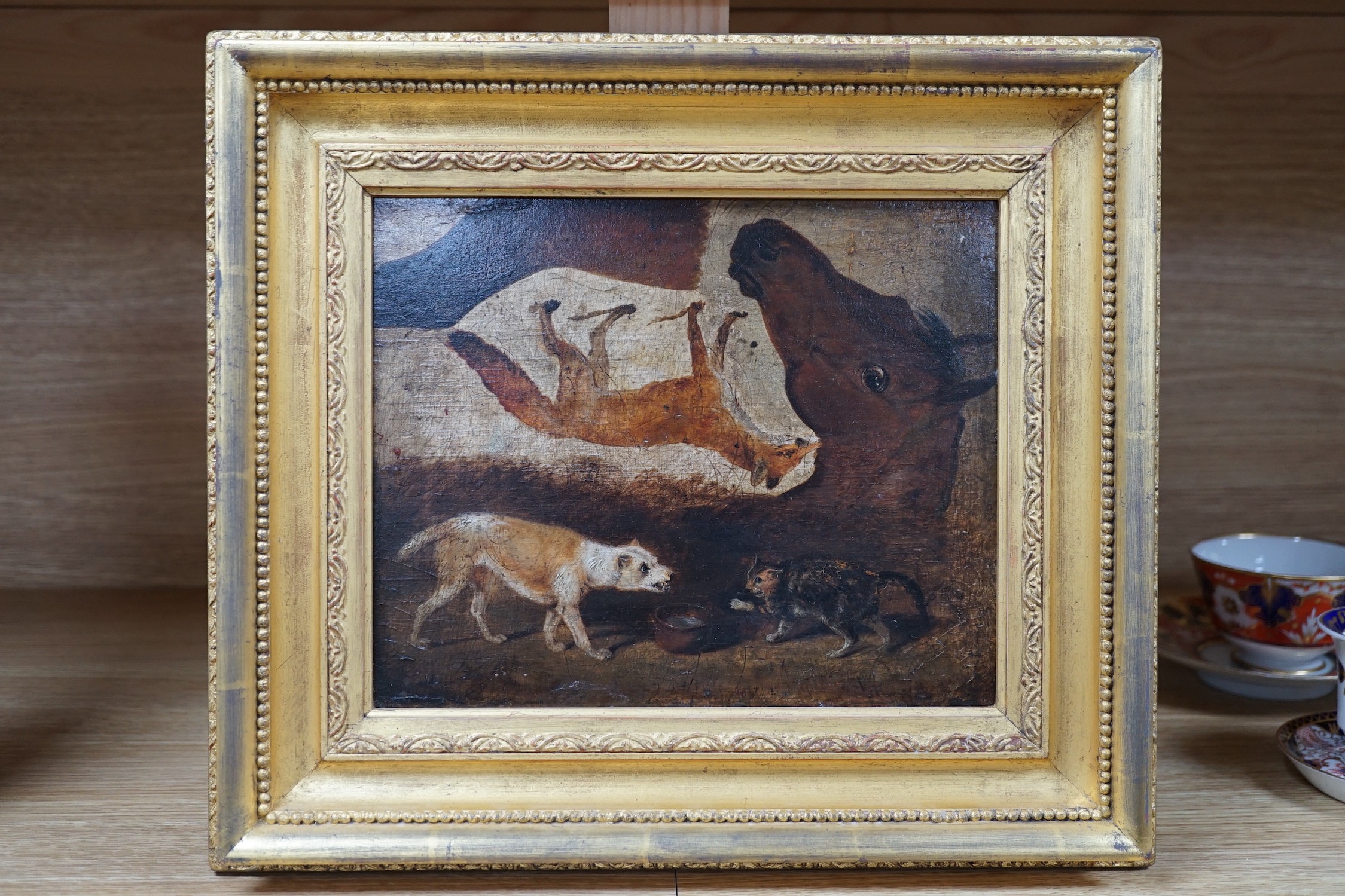 John Frederick Herring Jnr. (1815-1907), oil on panel, Sketch study of a horse's head, dog and cat and a fox, Canon Gallery label verso, 18 x 22cm